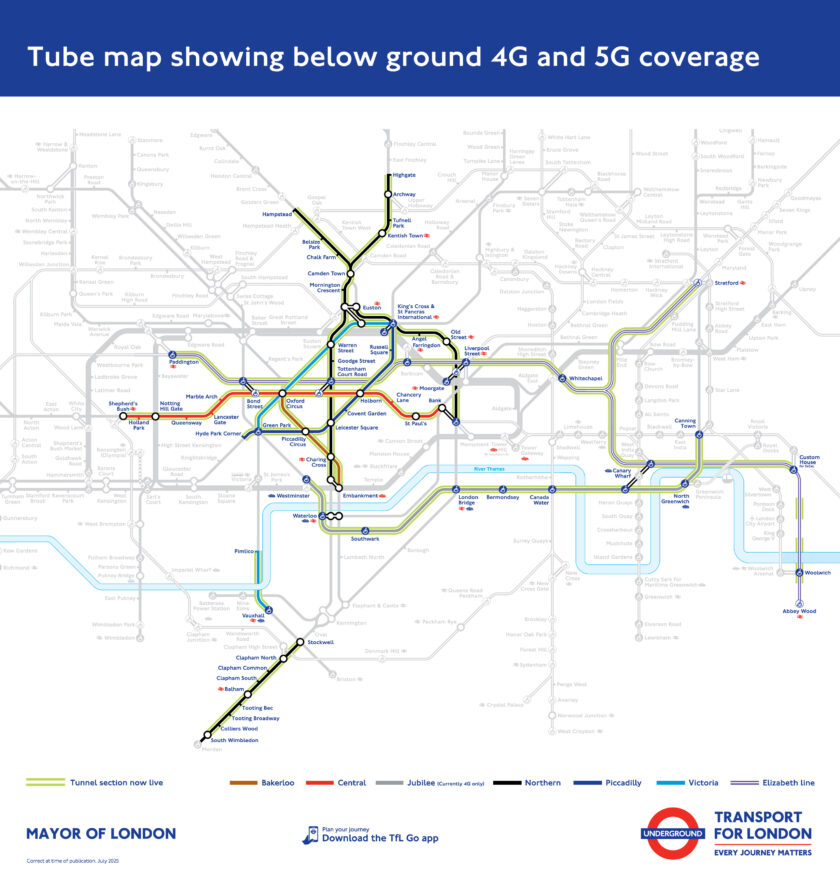 Mapa actualizado de las zonas del metro de Londres con cobertura. © TFL.