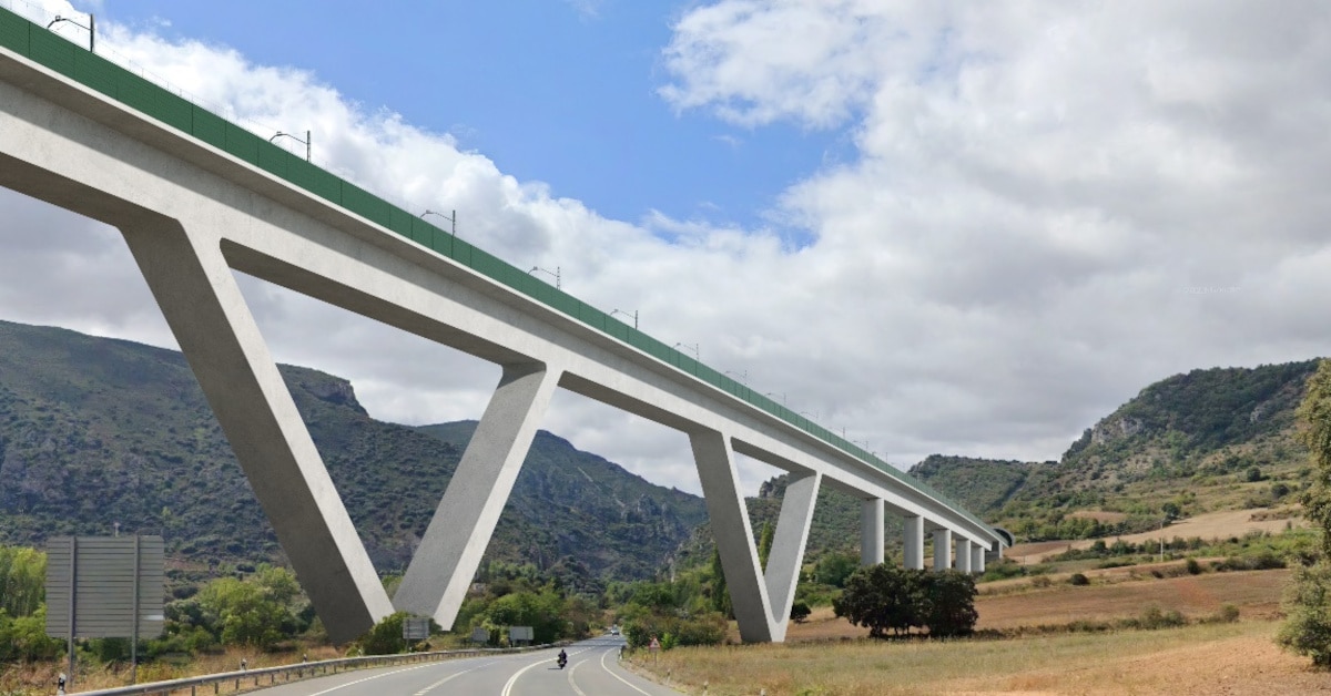 Imagen a ordenador del futuro viaducto sobre el Arroyo de la Llosa de la LAV Burgos-Vitoria. © ADIF.