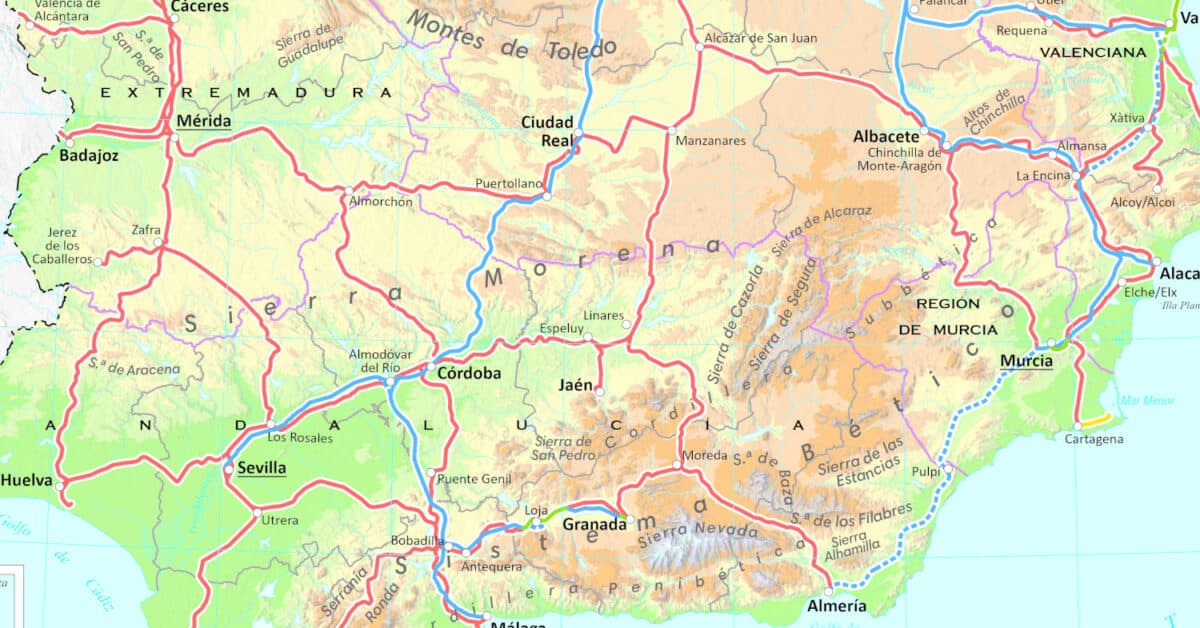 Fragmento del mapa en relieve de la RFIG elaborado por el IGN y disponible en Trenvista.