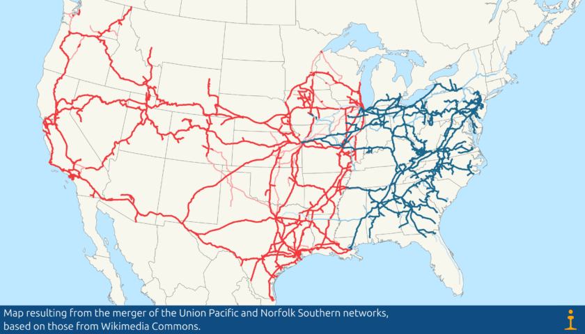 Map resulting from the merger of the Union Pacific and Norfolk Southern networks.