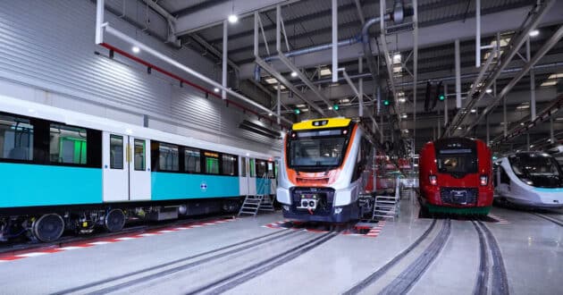 Several trains manufactured by CAF in the hall of its testing facilities. © CAF.