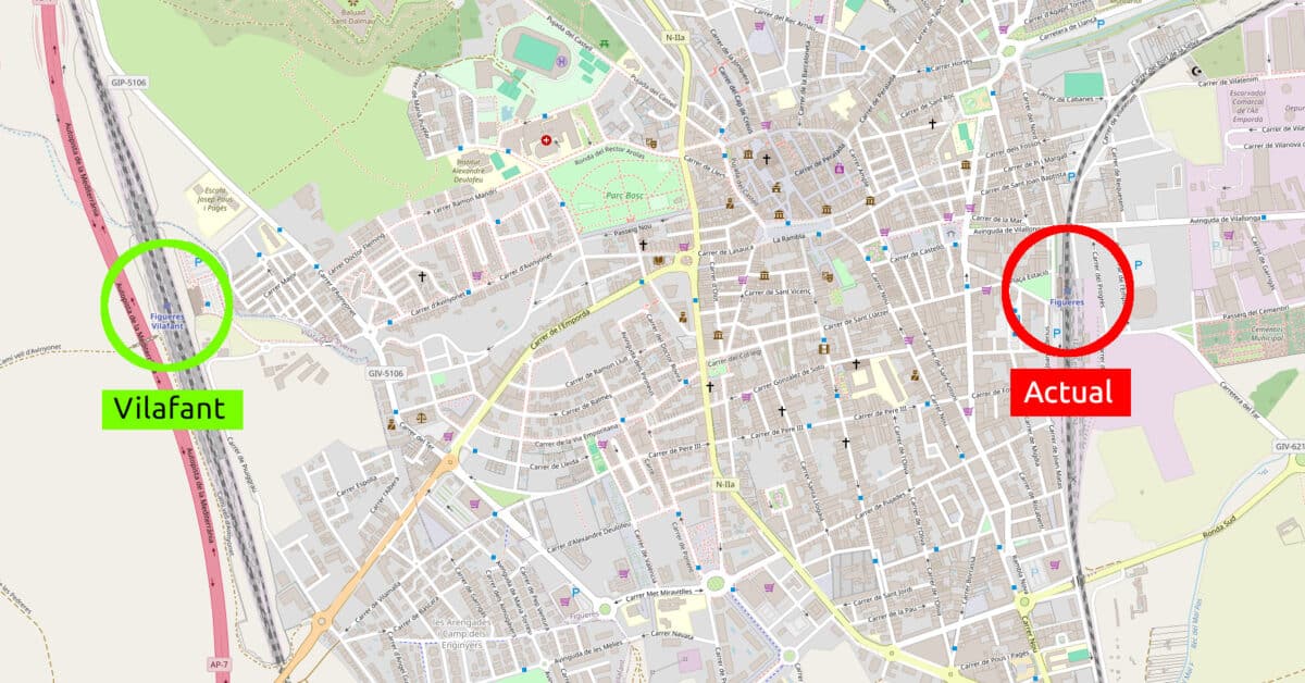 Location of the two stations in the municipality of Figueras. OPENSTREETMAPS.