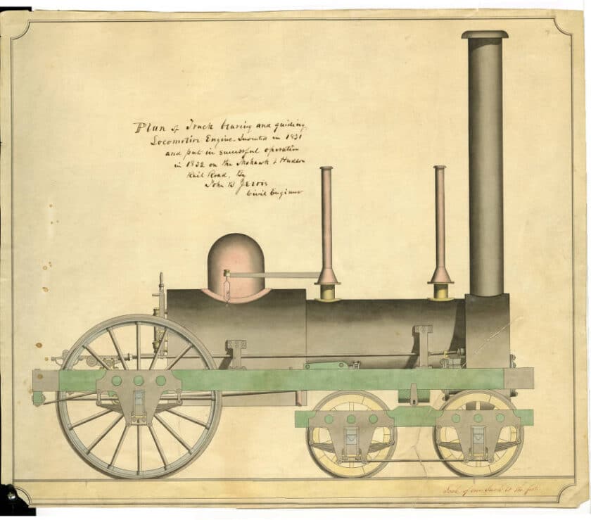 Dibujo de la locomotora "Experiment", diseñada por John B. Jervis, la primera en usar un bogie.