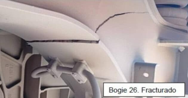 Image, leaked from a report, of the crack in the cracked bogie of a 106 series train in workshops.