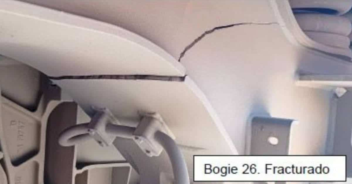 Image, leaked from a report, of the crack in the cracked bogie of a 106 series train in workshops.