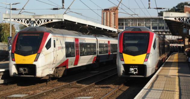 Stadler FLIRT trains operated by Greter Anglia at Ipswich (CC BY SA) GEOF SHEPPARD-Wikimedia Commons. Cropped image.