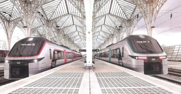 Imagen a ordenador de dos trenes de Alstom para CP en la estación de Oriente, filtrada en Reddit.