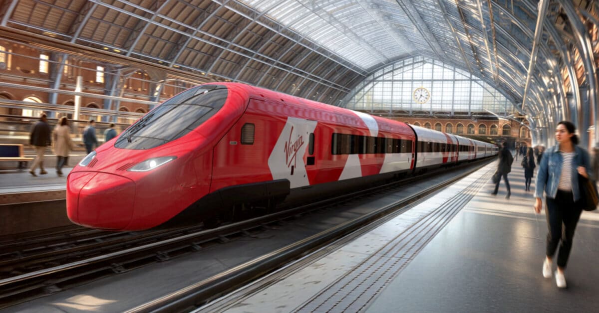 Diseño a ordenador de un tren Avelia Stream con la librea de Virgin Trains en la estación de Saint Pancras. © VIRGIN.