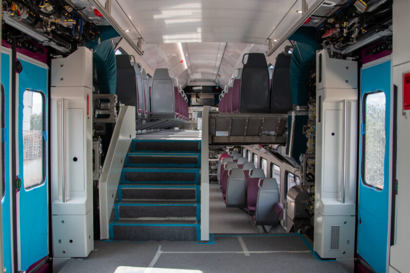 Interior of one of the double-decker cars of the 453 series, not yet completed at the Albuixech factory. © STADLER.
