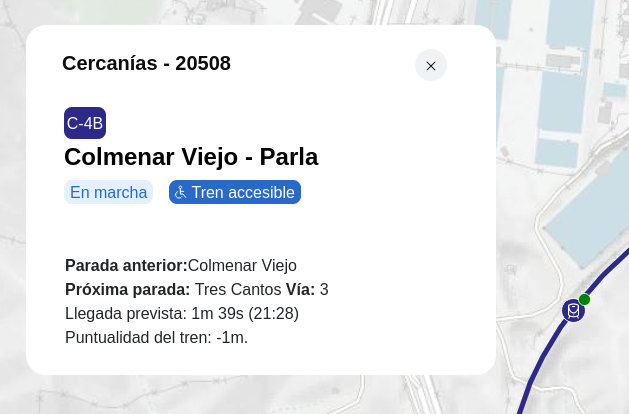 Información detallada de un tren de Cercanías Madrid.