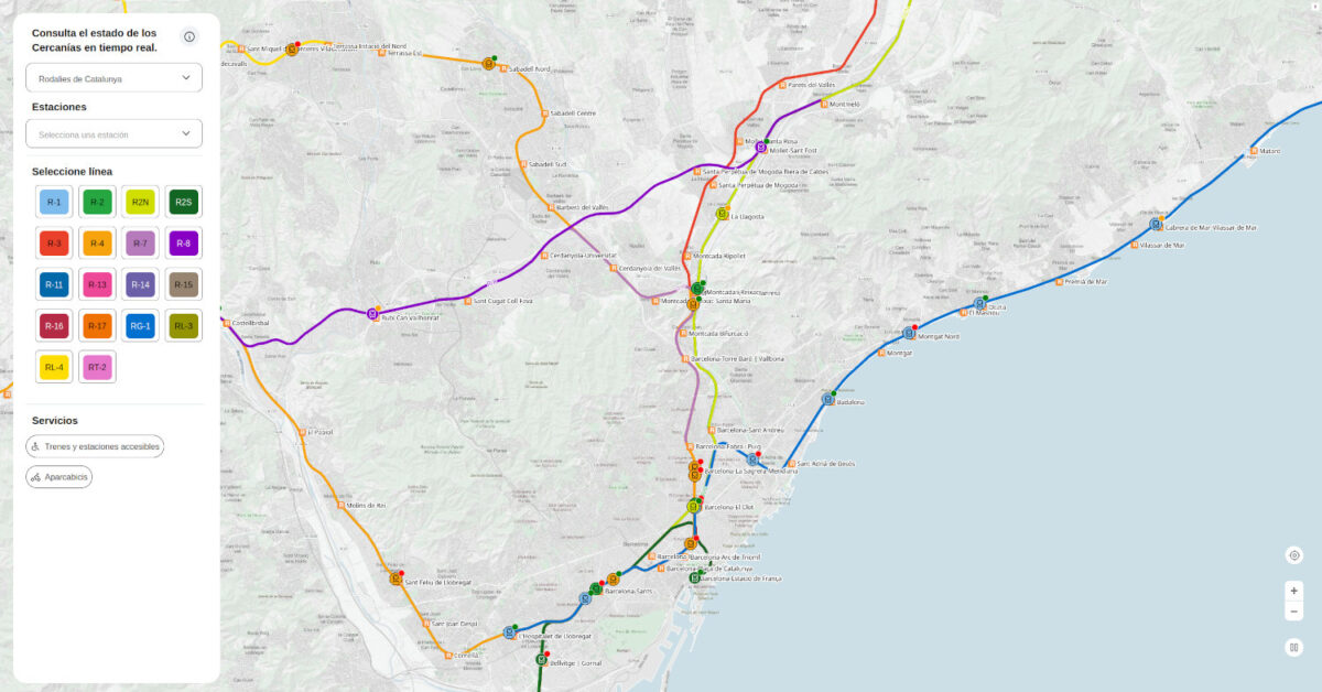Captura de pantalla de los trenes en tiempo real en Rodalies de Catalunya.