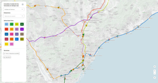 Captura de pantalla de los trenes en tiempo real en Rodalies de Catalunya.