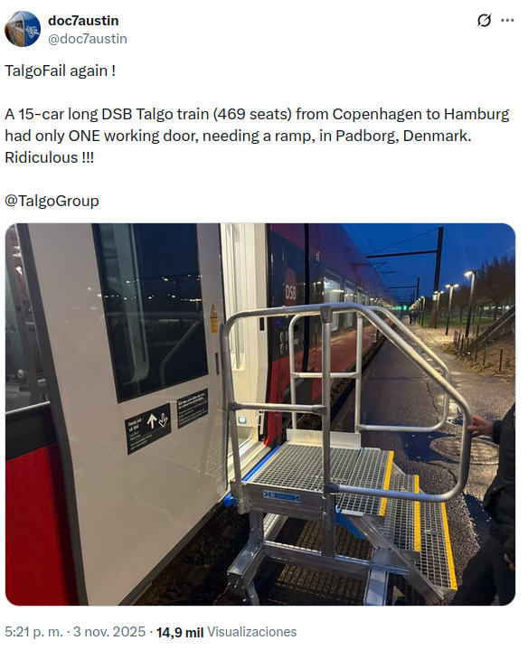 Tweet pointing out the problem at Padborg station, for which Talgo is to blame