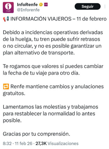 First InfoRenfe message warning of the strike, after having given some answers with similar information.