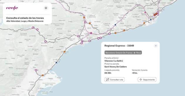 Map showing the real-time position of trains in Catalonia with details of a Regional Express.