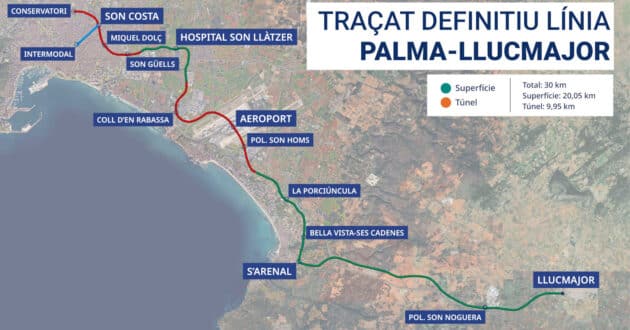 Trazado definitivo de la línea Palma-Aeropuerto-Llucmajor. © GOVERN DE LES ILLES BALEARS.