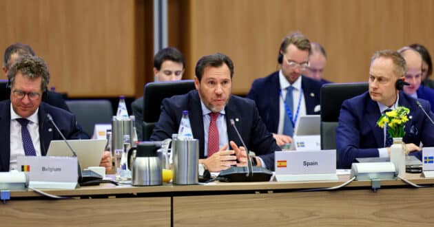 Óscar Puente durante su intervención en el Consejo informal de ministros de Transportes y Asuntos Marítimos. © MINISTERIO DE TRANSPORTES Y MOVILIDAD SOSTENIBLE.