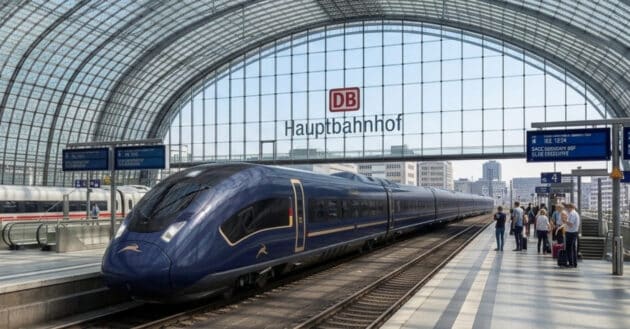 Recreación mediante IA del tren en Berlín Hauptbahnhof a partir del diseño del tren facilitado por Siemens Mobility.