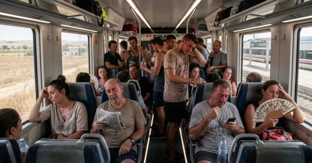 Personas viajando en un tren al que le falla el aire acondicionado en plena ola de calor. GEMINI.