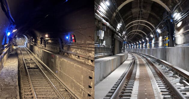 Antes y después de la reforma del tubo 2 del East River Tunnel de Nueva York. © AMTRAK.